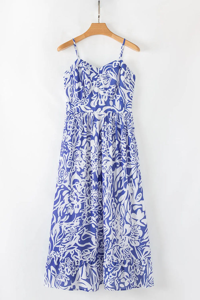 Sky Blue Floral Print Spaghetti Strap High Waist Maxi Dress - Dresses/Midi Dresses