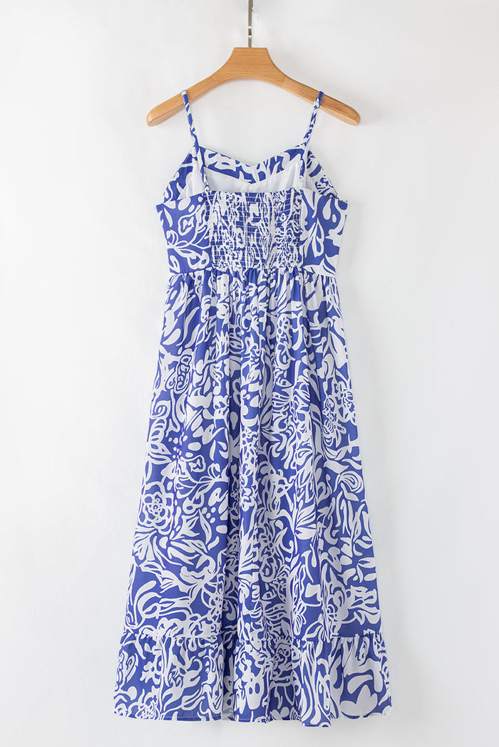 Sky Blue Floral Print Spaghetti Strap High Waist Maxi Dress - Dresses/Midi Dresses