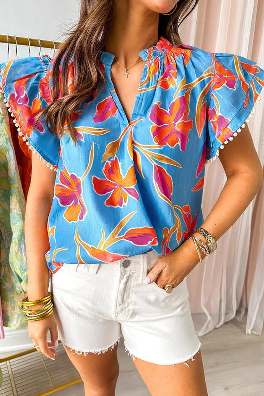 Sky Blue Floral Print V Neck Pompom Trim Flutter Sleeve Blouse - S / 100% Polyester - Tops/Blouses & Shirts