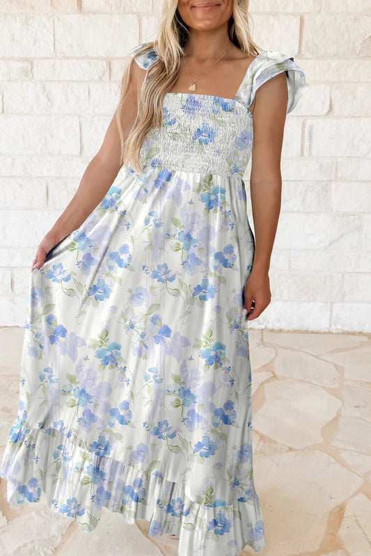 Sky Blue Floral Smocked Ruffle Sleeveless Maxi Dress - S / 100% Polyester - Dresses/Maxi Dresses