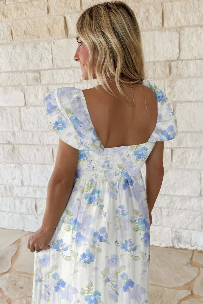 Sky Blue Floral Smocked Ruffle Sleeveless Maxi Dress - Dresses/Maxi Dresses