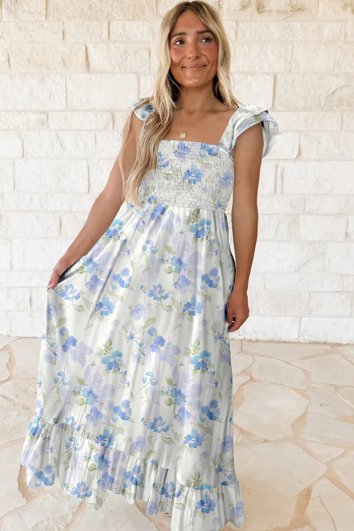 Sky Blue Floral Smocked Ruffle Sleeveless Maxi Dress - Dresses/Maxi Dresses