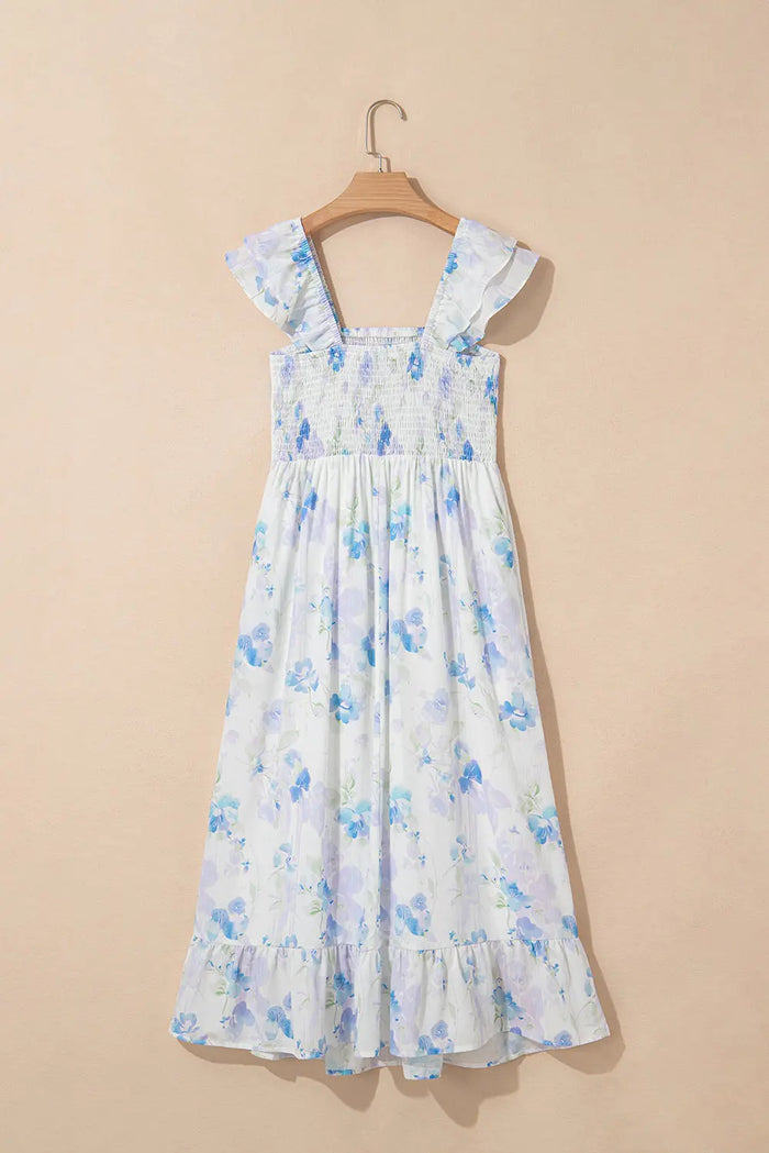 Sky Blue Floral Smocked Ruffle Sleeveless Maxi Dress - Dresses/Maxi Dresses