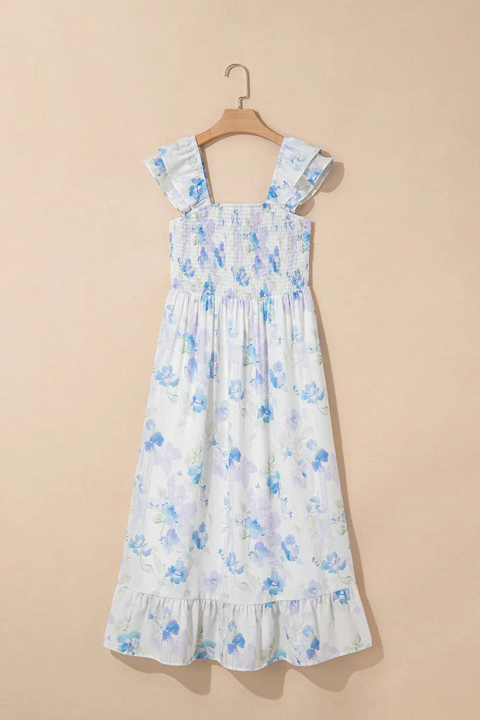 Sky Blue Floral Smocked Ruffle Sleeveless Maxi Dress - Dresses/Maxi Dresses