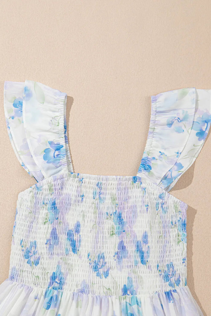 Sky Blue Floral Smocked Ruffle Sleeveless Maxi Dress - Dresses/Maxi Dresses