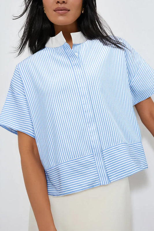 Sky Blue Stripe Contrast Collar Hidden Button Short Sleeve Summer Shirt - S / 65% Polyester + 35% Cotton - Tops/Blouses