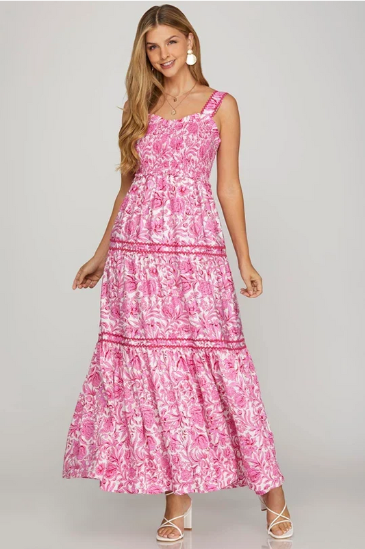Sleeveless Smocked Woven Print Tiered Maxi Dress with Ric-Rac Trim - Dress
