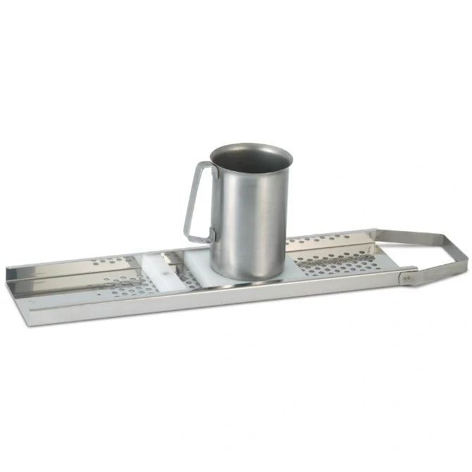 A stainless steel Spatzle grate and cup holder with a bracket that holds onto pot edge, featuring 5/8" holes.