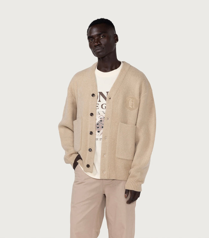 Stamped Patch Cardigan - Tan