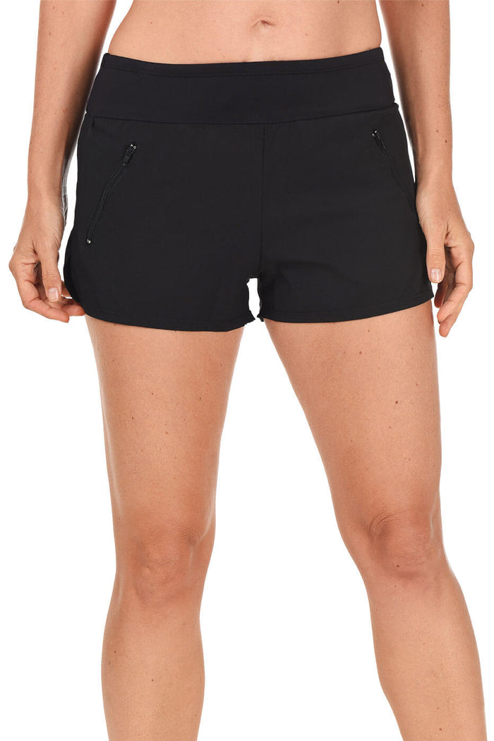 Black swim shorts worn by a person on a white background.