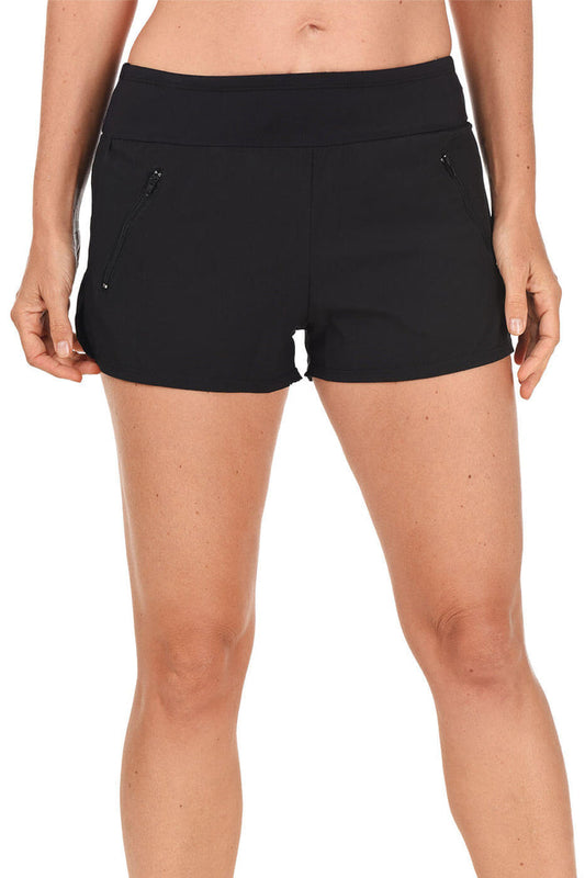 Black swim shorts worn by a person on a white background.