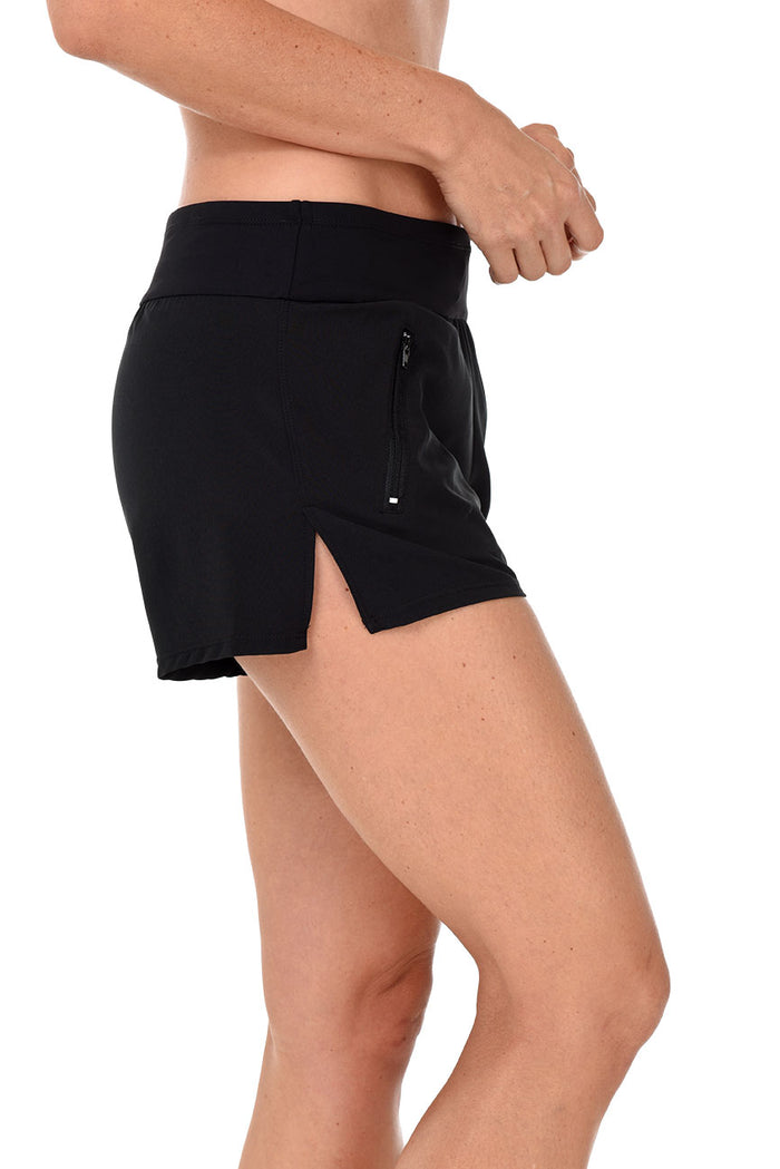 Black swim shorts worn by a person on a white background. Side shot.