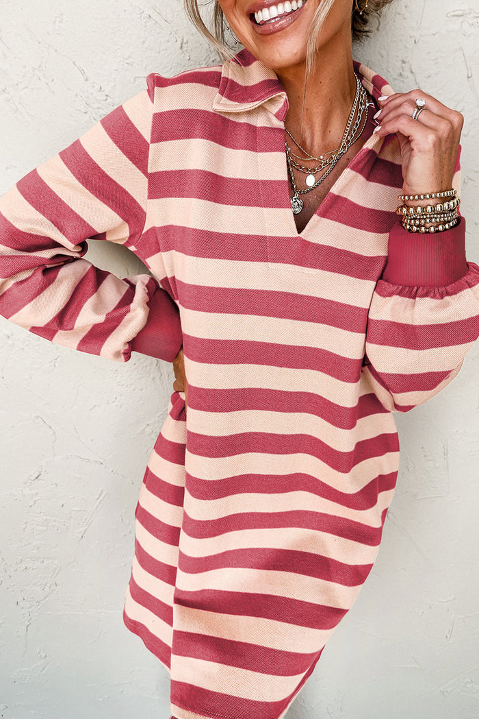Stripe Collared V-Neck Long Sleeve Loose Casual Dress - Pink / S - Dresses/Mini Dresses