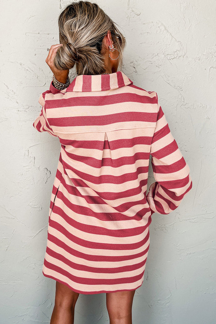 Stripe Collared V-Neck Long Sleeve Loose Casual Dress - Dresses/Mini Dresses