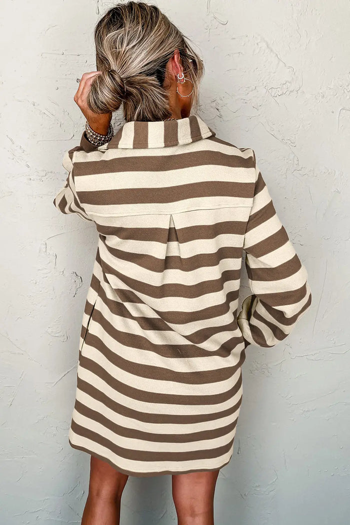 Stripe Collared V-Neck Long Sleeve Loose Casual Dress - Dresses/Mini Dresses