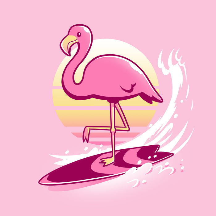 Premium Cotton T-shirt_TeeTurtle light pink Surfing Flamingo apparel featuring a flamingo on a surfboard with a sunset behind.