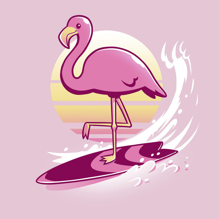 Classic Cotton T-shirt_TeeTurtle light pink Surfing Flamingo apparel featuring a flamingo on a surfboard with a sunset behind.
