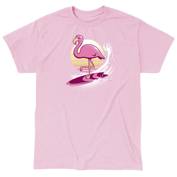 Classic Cotton T-shirt_TeeTurtle light pink Surfing Flamingo apparel featuring a flamingo on a surfboard with a sunset behind.