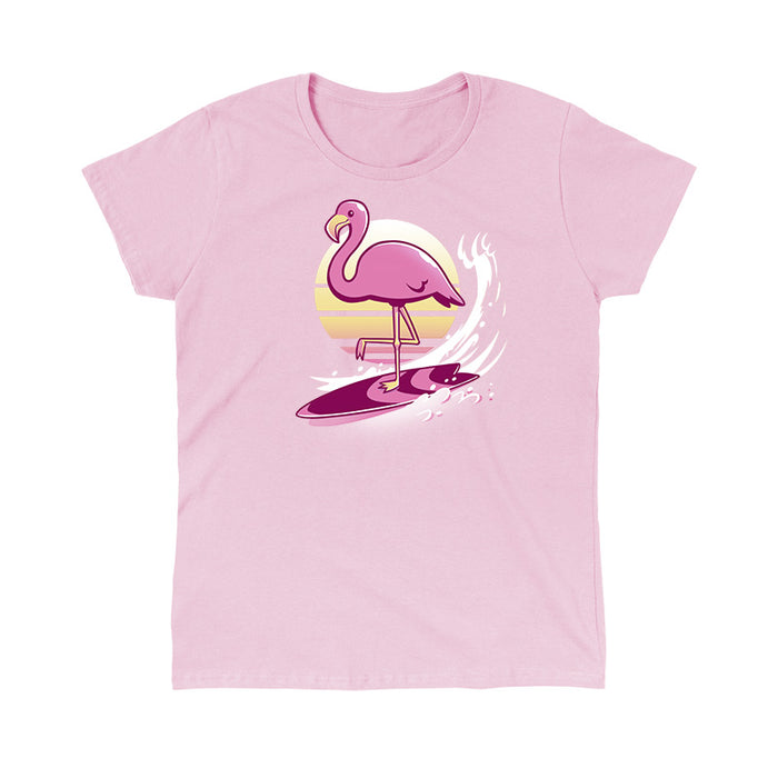 Classic Cotton T-shirt_TeeTurtle light pink Surfing Flamingo apparel featuring a flamingo on a surfboard with a sunset behind.