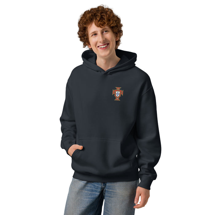 Sweat à capuche oversize Portugal bleu marine face - écusson