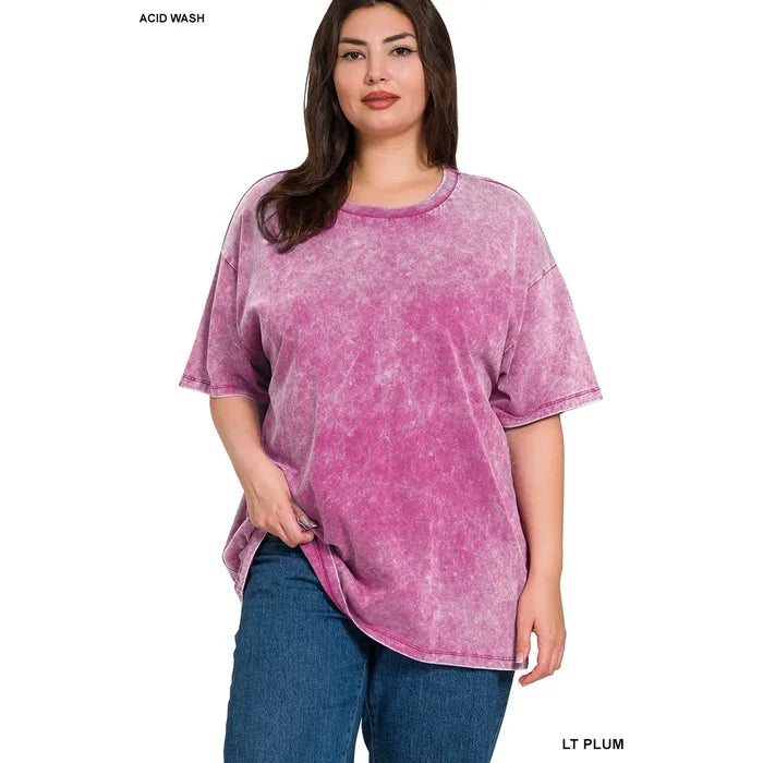 T-Shirts - Washed Short Sleeve Top, Teal, Fuchsia, Or Plum, Plus Size