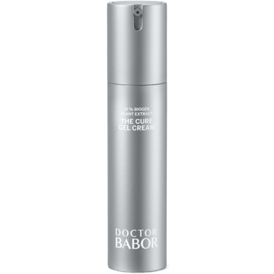 Sleek silver bottle of The Cure Gel Cream | Babor featuring 15% Biogen plant extract, designed for advanced skincare and rejuvenation.
