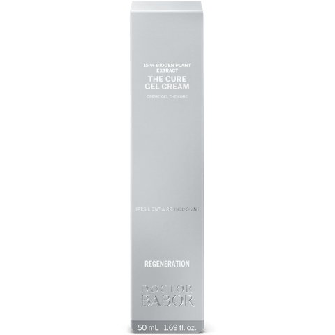 Vertical silver and white packaging for The Cure Gel Cream | Babor featuring 15% Biogen Plant Extract for regenerating and refining skin in a 50 ml bottle.
