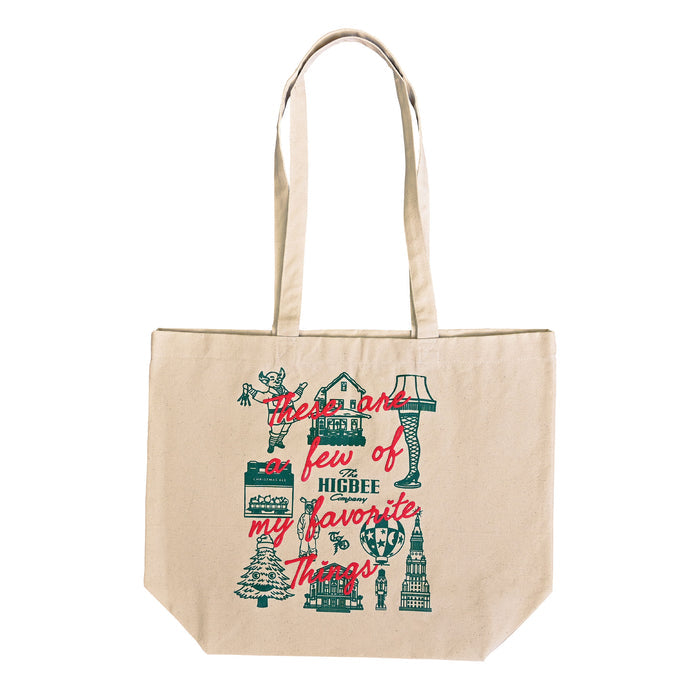 Beige tote bag with festive illustrations and text on a white background