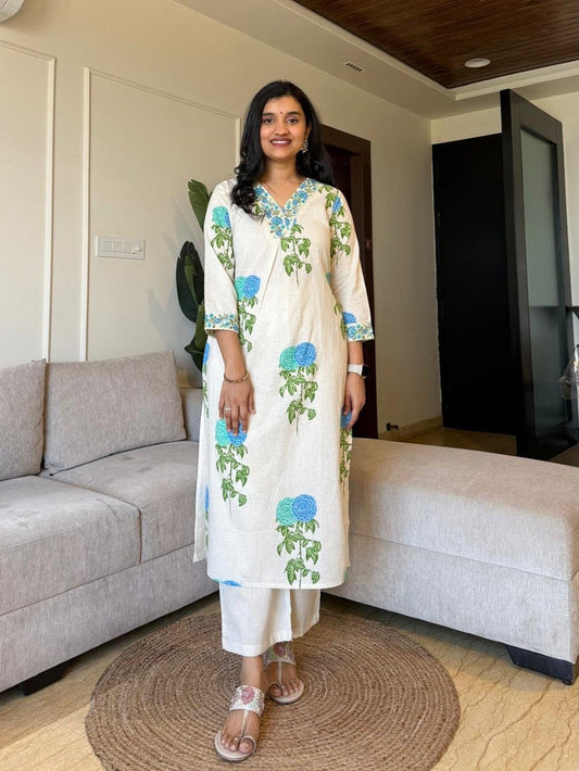Veena Embroidered Floral Set- Blue Green