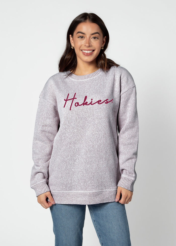 Virginia Tech Hokies Women's Merlot Relaxed, straight Yarn-dyed brushed fleece Sweatshirt with the look of sweater, the touch of a blanket, crew neckline and ribbed neck, cuffs and hem