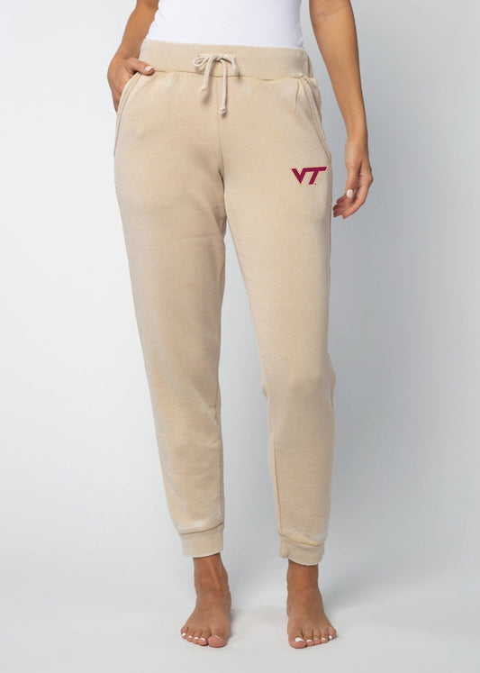 Virginia Tech Hokies Women's Oatmeal Mid-rise, slim fit, tapered leg Burnout fleece Joggers with Drawstring waistband, side pockets and tapered legs with rub cuffs