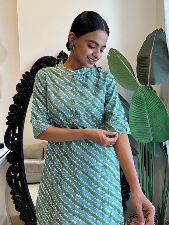 Weekend Cotton Kurta- Blue Green Bandhej
