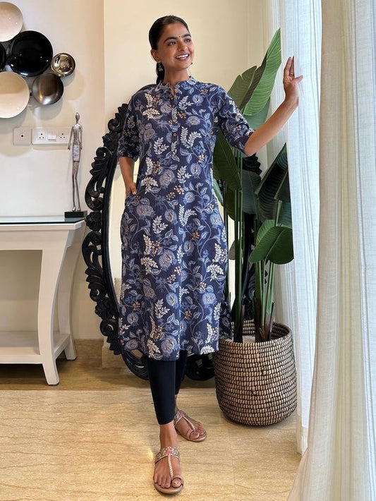 Weekend Cotton Kurta- Navy Big Floral Jaal