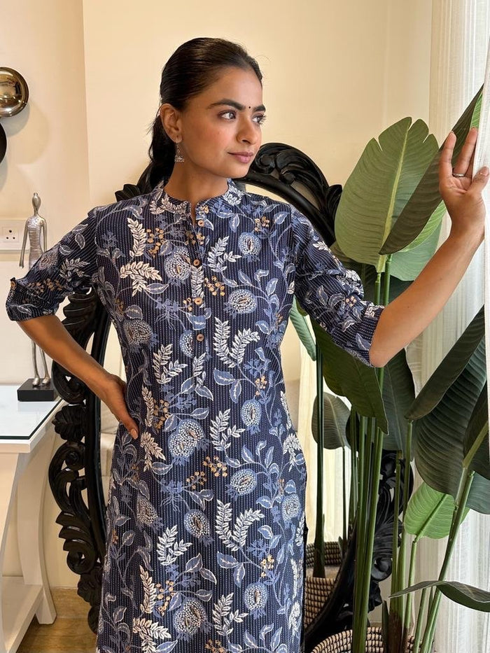 Weekend Cotton Kurta- Navy Big Floral Jaal