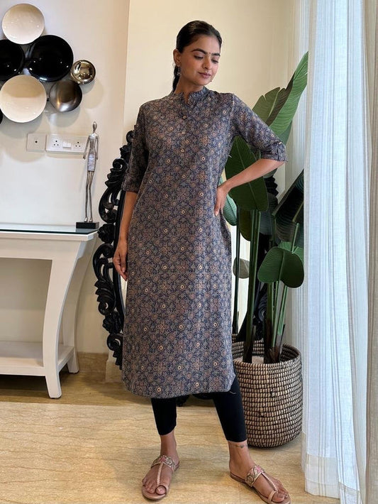 Weekend Cotton Kurta- Navy Jaal