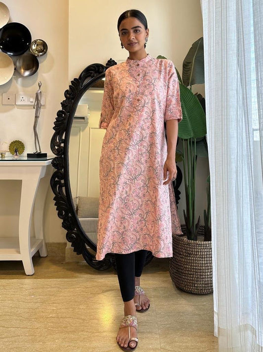 Weekend Cotton Kurta- Powder Pink Floral