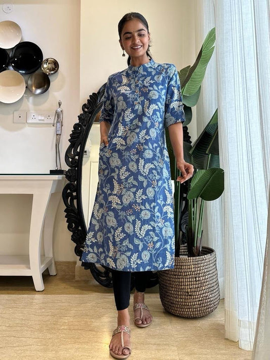 Weekend Cotton Kurta- Royal Blue Big Floral Jaal