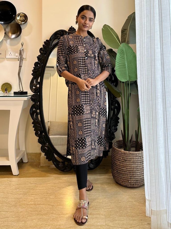 Weekend Rayon Kurta- Black Motifs