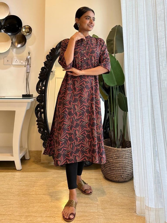 Weekend Rayon Kurta- Black Red Leaves
