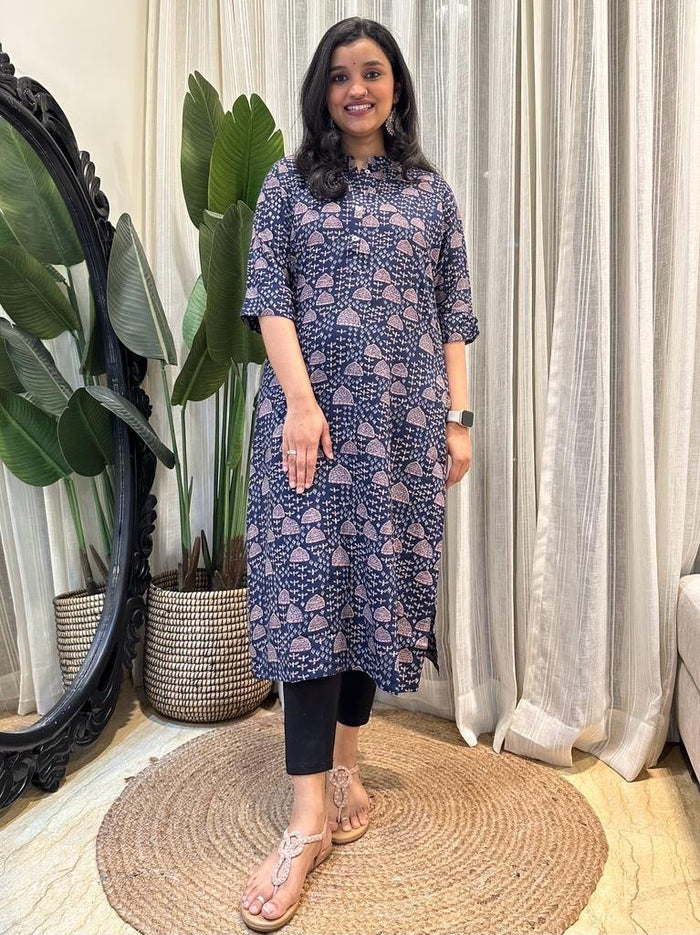 Weekend Rayon Kurta- Dark Blue Bells