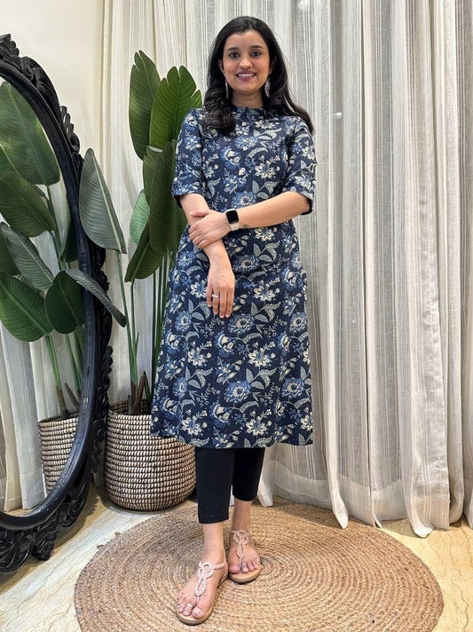 Weekend Rayon Kurta- Navy Big Floral