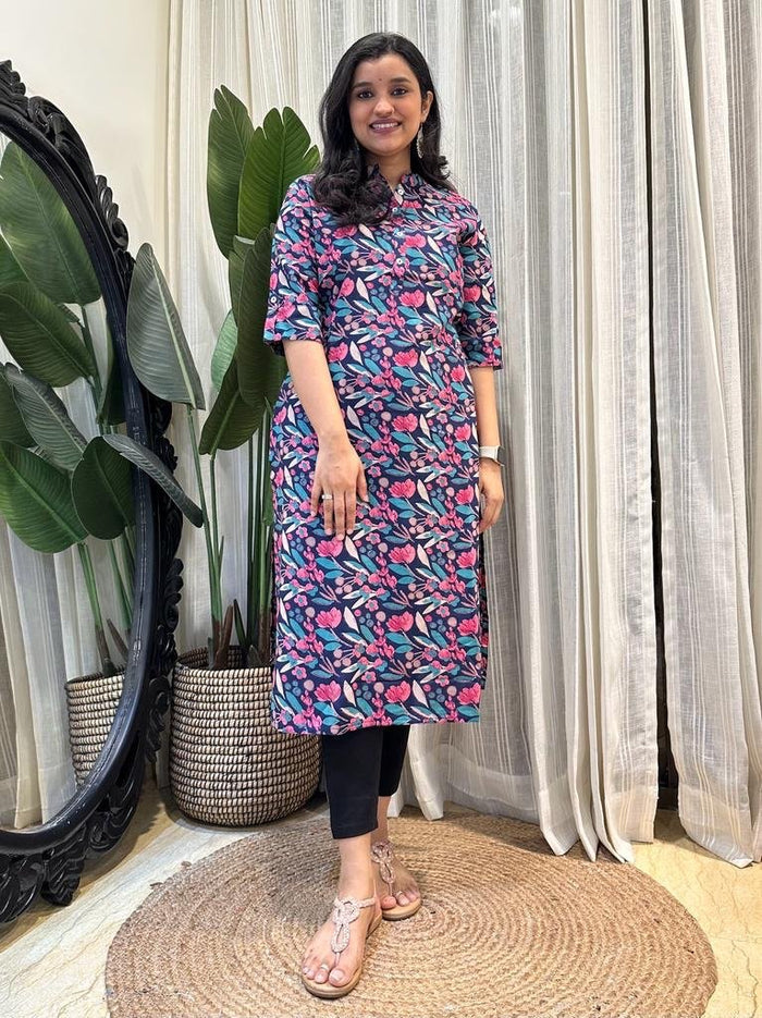 Weekend Rayon Kurta- Navy Multi Leaves