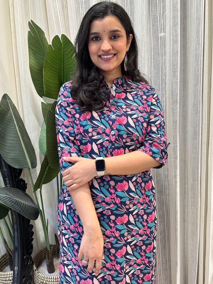 Weekend Rayon Kurta- Navy Multi Leaves