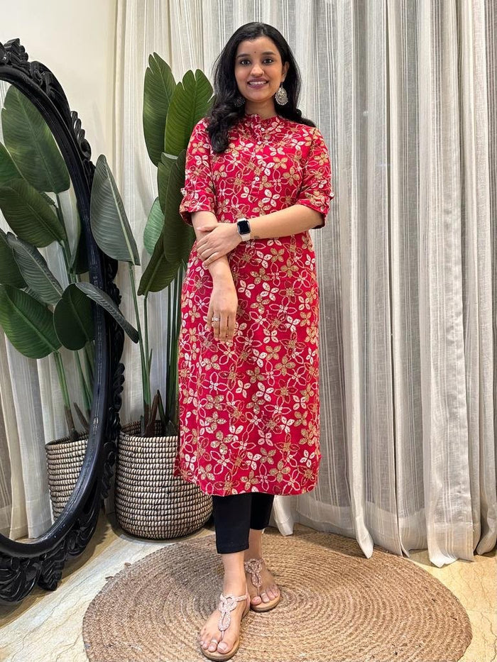 Weekend Rayon Kurta- Red Floral