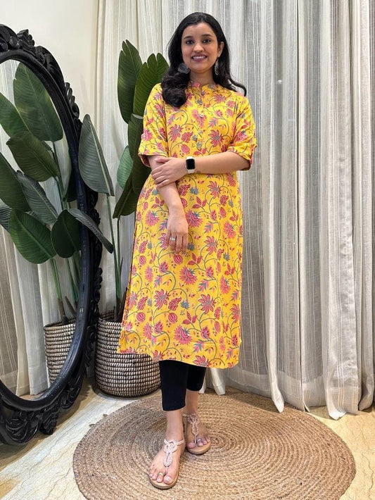 Weekend Rayon Kurta- Yellow Floral Jaal