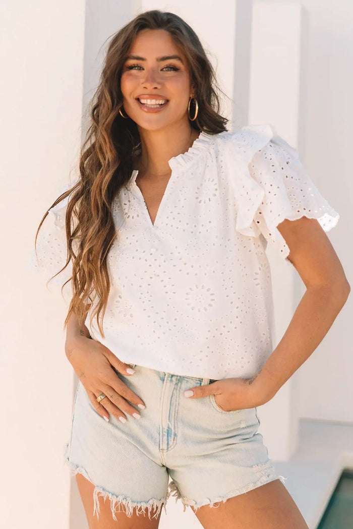White Broderie Anglaise Ruffle Short Sleeve Blouse - S / 100% Cotton - Tops/Blouses & Shirts