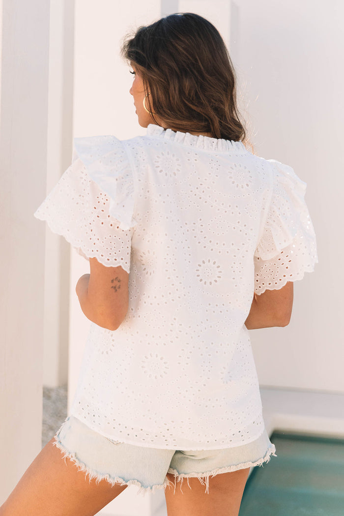 White Broderie Anglaise Ruffle Short Sleeve Blouse - Tops/Blouses & Shirts