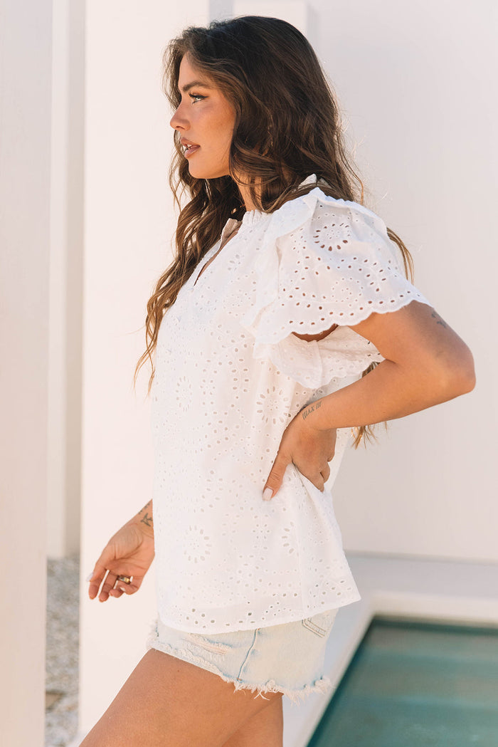 White Broderie Anglaise Ruffle Short Sleeve Blouse - Tops/Blouses & Shirts