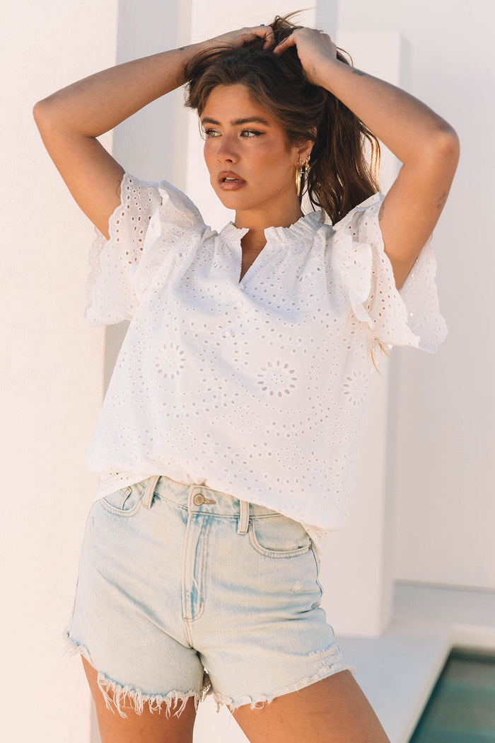 White Broderie Anglaise Ruffle Short Sleeve Blouse - Tops/Blouses & Shirts