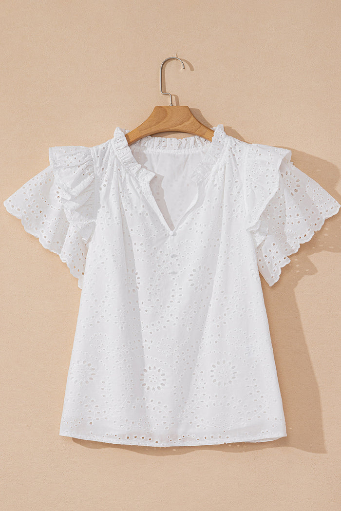 White Broderie Anglaise Ruffle Short Sleeve Blouse - Tops/Blouses & Shirts